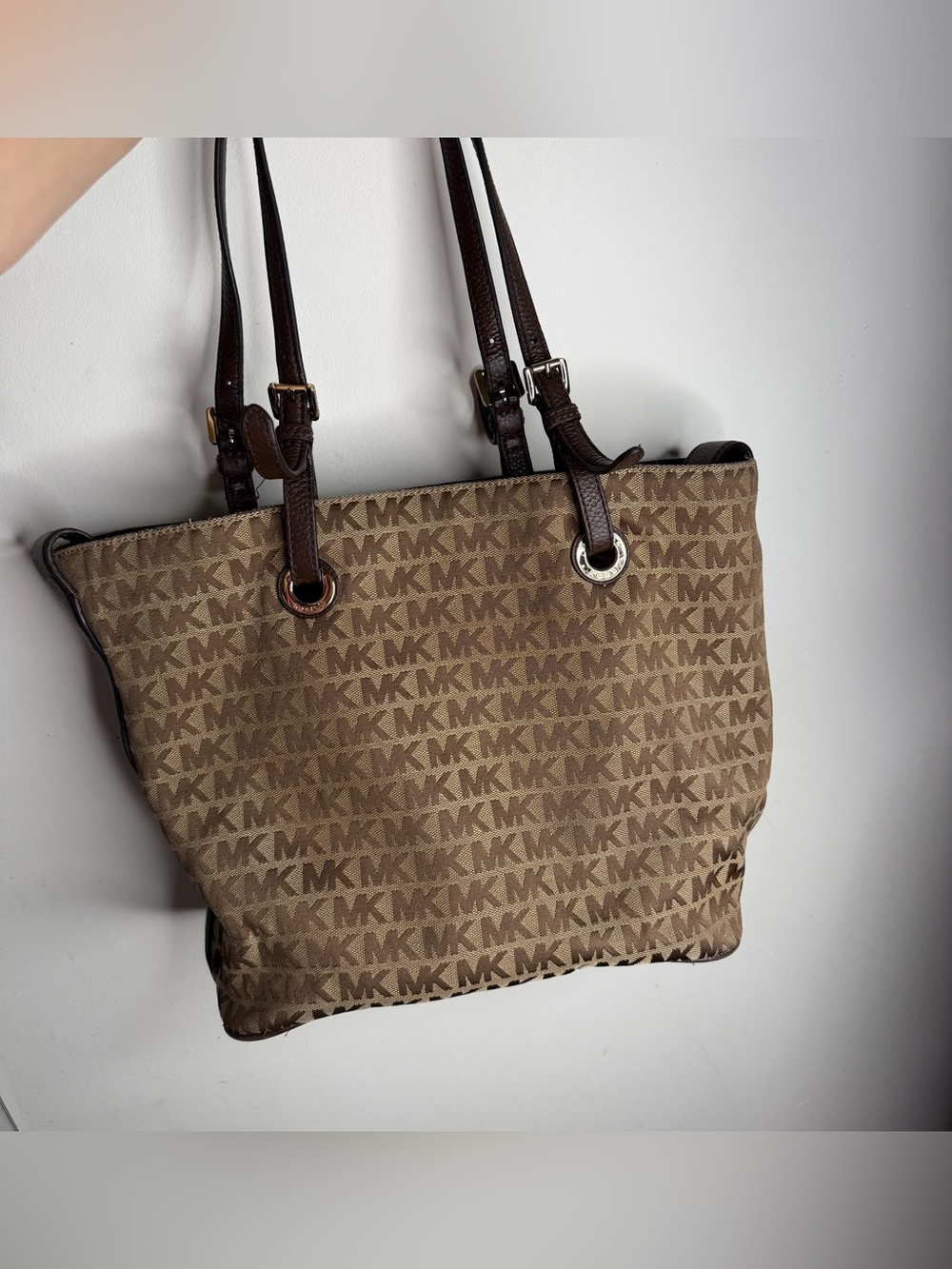 Michael Kors Tan/Brown MK Logo Tote with Dark Brown Straps